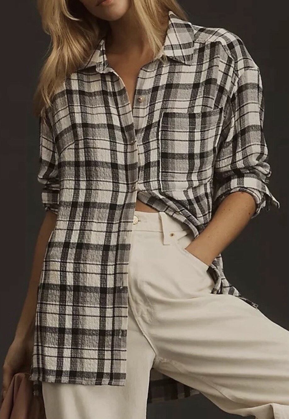 Pilcro x Anthropologie Longline Relaxed Plaid Button down small Black White Top